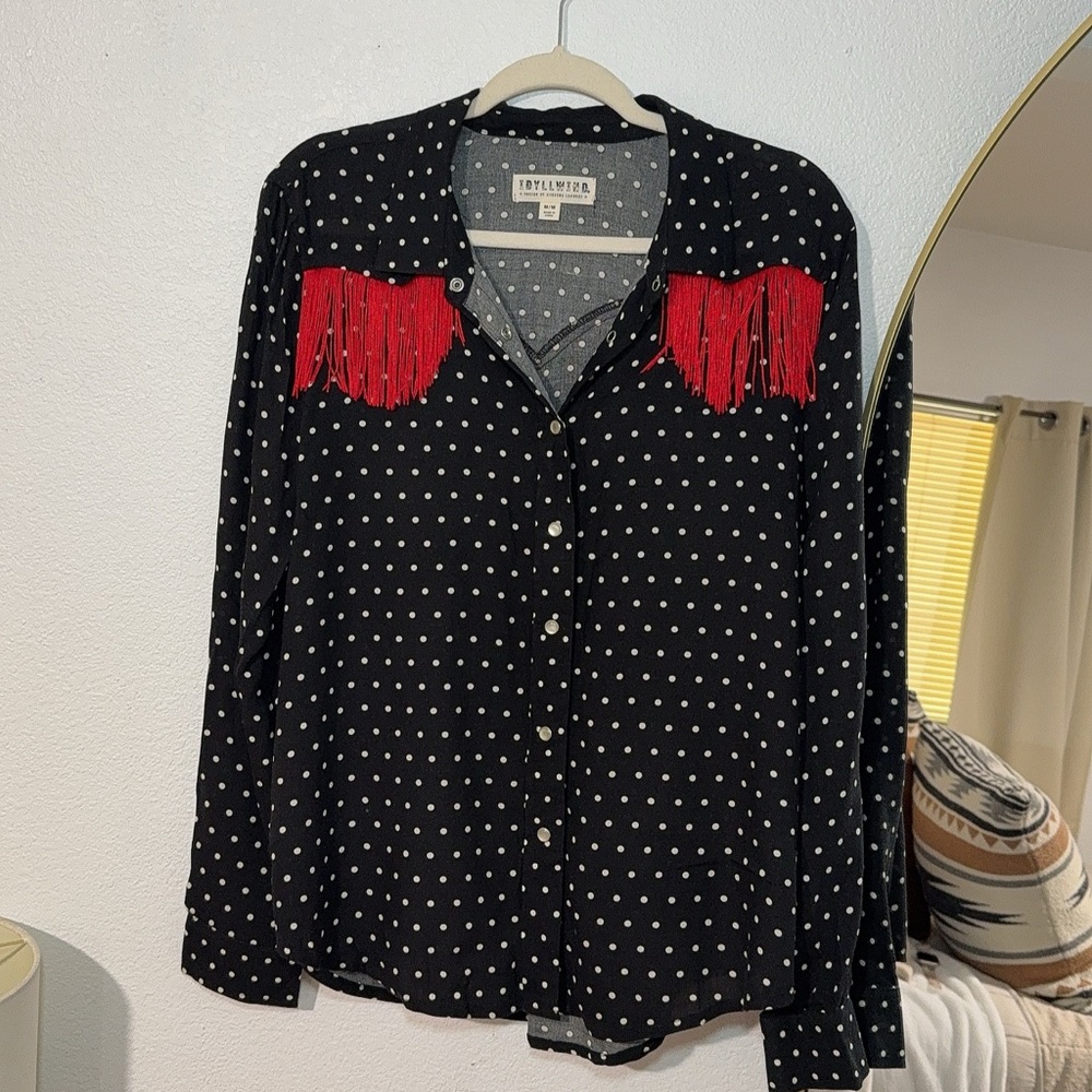 Idyllwind Black Polka Dot Shirt with Red Fringe